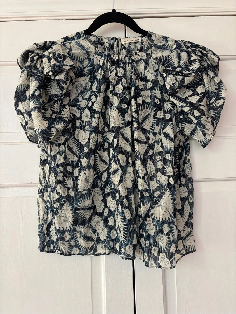 Ulla Johnson‎ Nova Top Indigo Batik Floral Metallic Puff Sleeve Blouse Size 0